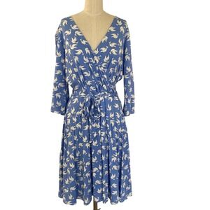Soft Surroundings Faux‎ Wrap Dress Blue Dove Bird Print Stretchy Jersey Knit PL